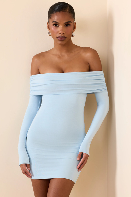 Modal Off-Shoulder Mini Dress in Ice Blue - Size:L
